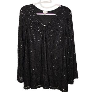Avenue 18/20 Black Lace Sequin Evening Blouse Cocktail Top Plus Size EUC